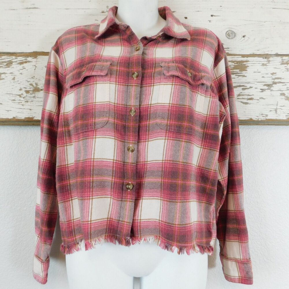 Lucky Brand Flannel Shirt Plaid Womens M Pink Raw Hem Grunge Hi-Lo Cotton EUC!